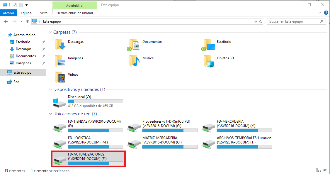 Explorador de Windows mostrando la unidad de red FD-ACTUALIZACIONES resaltada