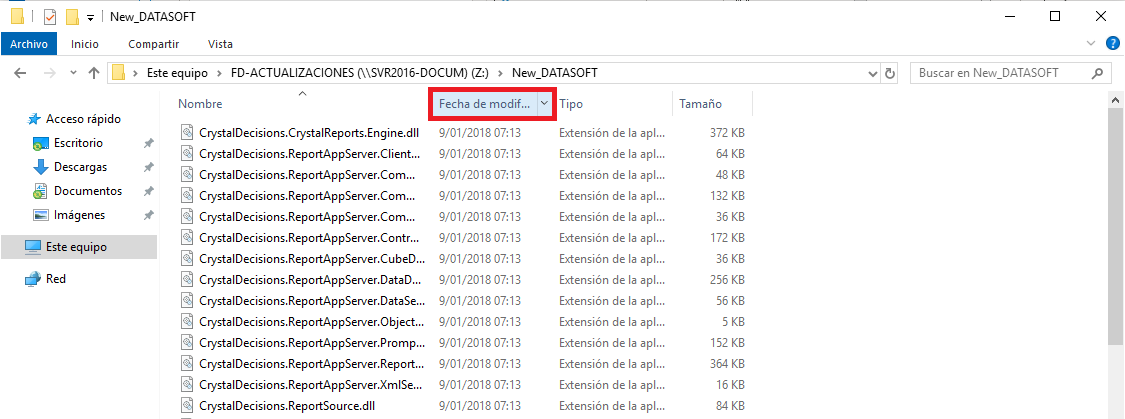 Contenido de New_DATASOFT ordenado por la columna Fecha de modificación