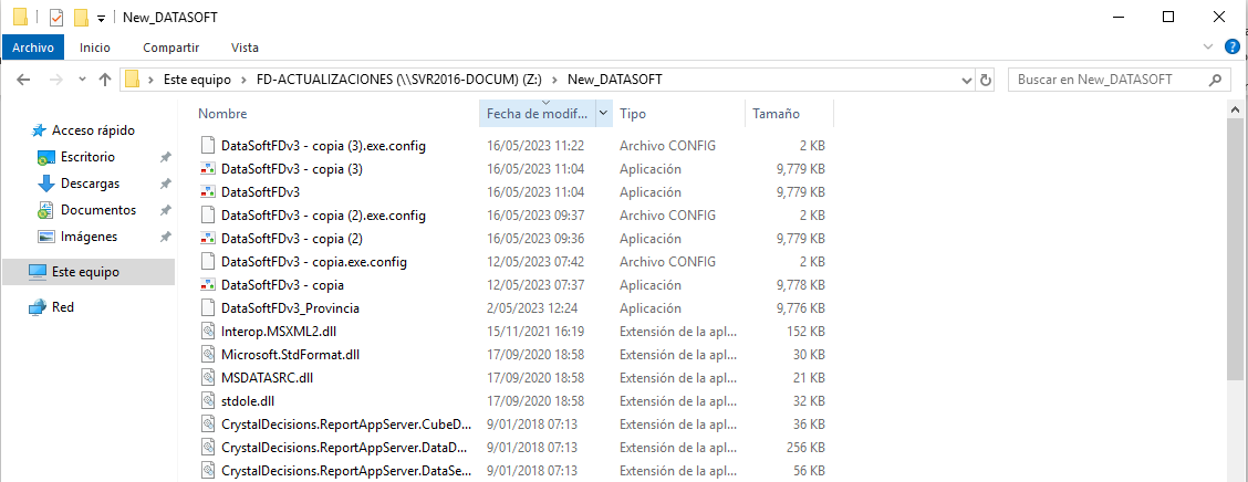 Archivo DataSoftFDv3 seleccionado en la lista, con la fecha de modificación más reciente