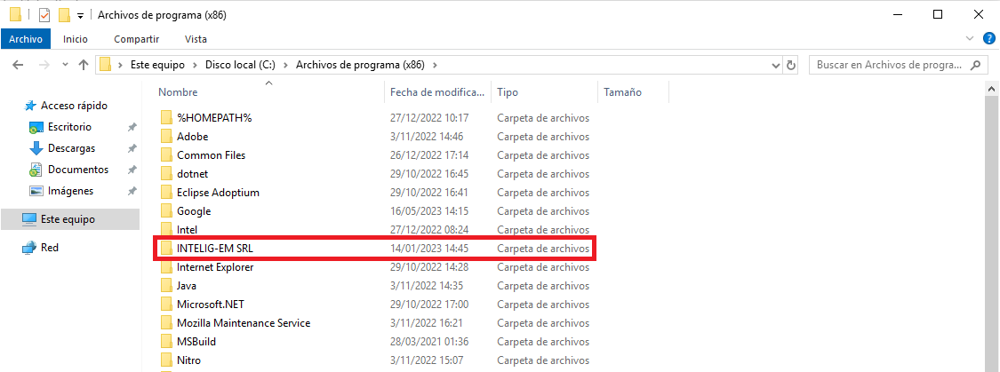 Carpeta INTELIG-EM SRL resaltada dentro de Archivos de programa x86