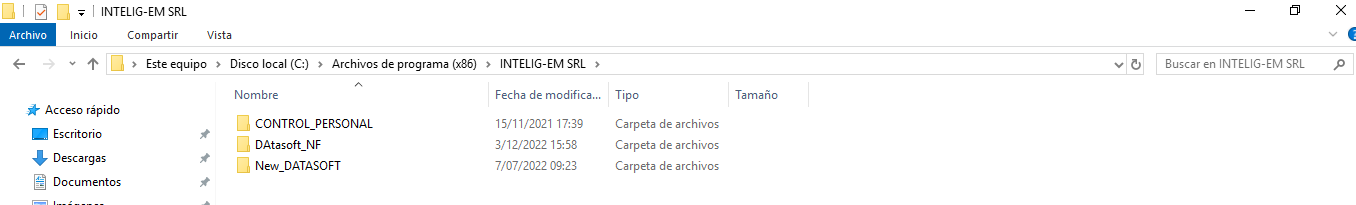 Carpeta New_DATASOFT resaltada dentro de INTELIG-EM SRL, destino final