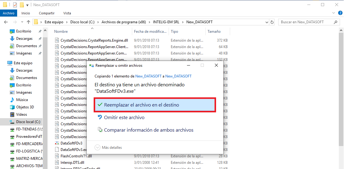 Cuadro de diálogo de Windows preguntando si reemplazar el archivo existente, con la opción de reemplazar resaltada