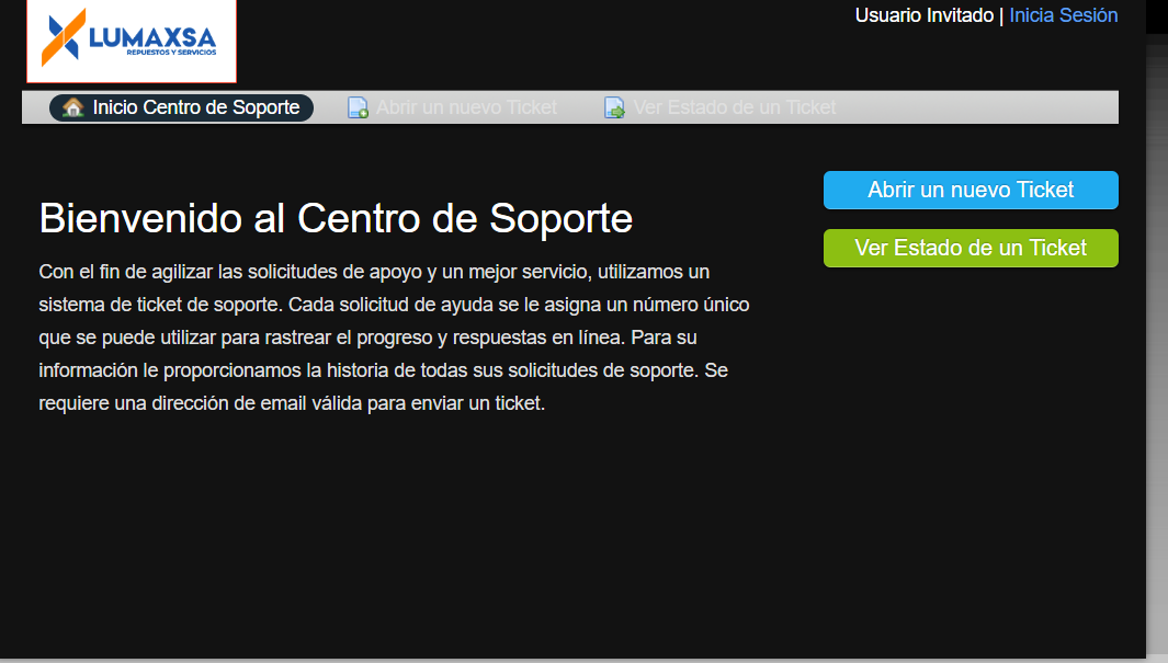 Pantalla de bienvenida del Centro de Soporte de Lumaxsa con el botón azul Abrir un nuevo Ticket resaltado