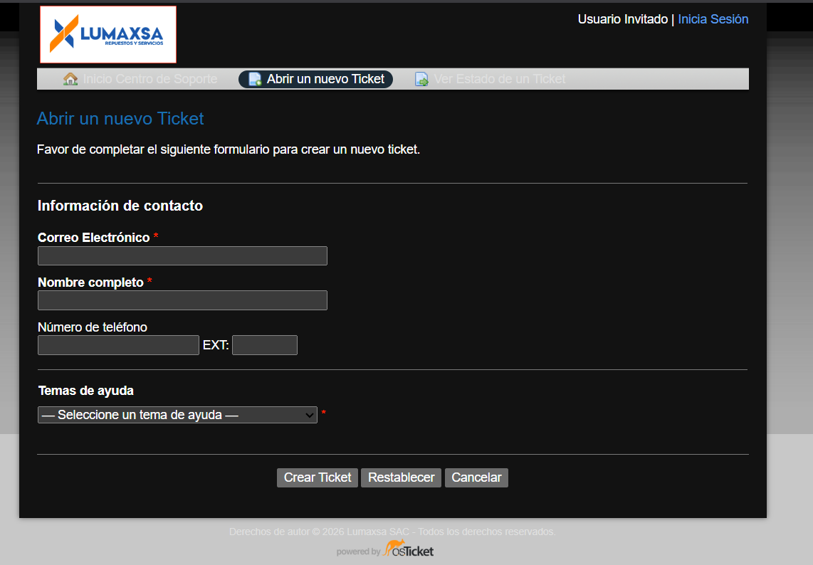 Formulario de osTicket para abrir un nuevo ticket, con campos de correo electrónico, nombre completo, teléfono y tema de ayuda
