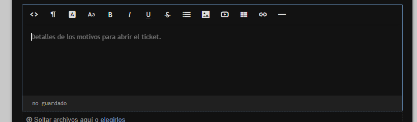 Editor de texto para detallar el problema y zona para adjuntar archivos, resaltados en rojo