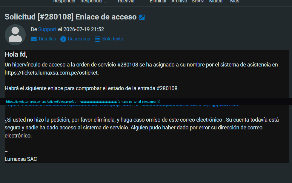 Correo recibido de Support con el enlace de acceso al ticket, con el link personal cubierto por seguridad