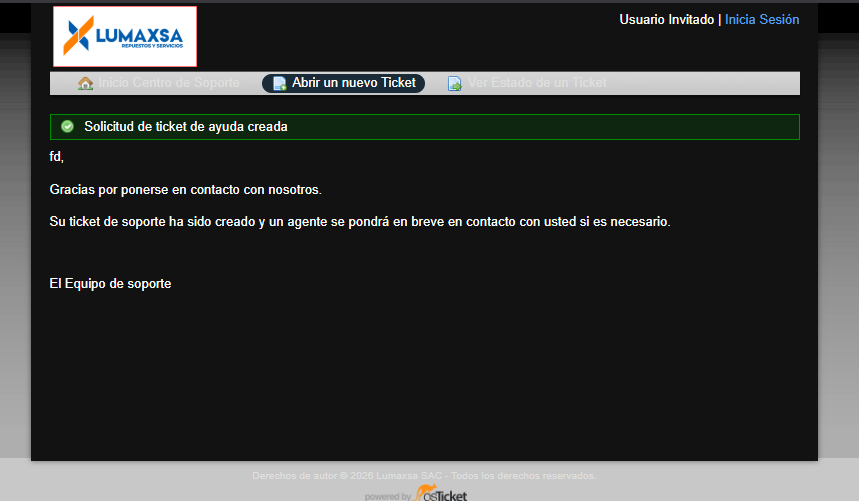 Pantalla de confirmación de osTicket mostrando el mensaje Solicitud de ticket de ayuda creada