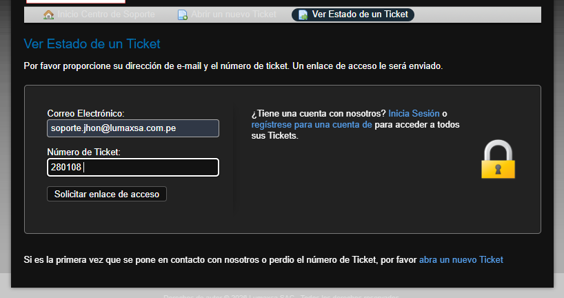 Formulario Ver Estado de un Ticket completado con un correo de ejemplo y el número de ticket 280108