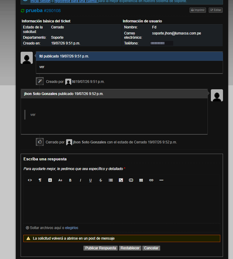 Pantalla de detalle del ticket #280108 mostrando el estado Cerrado, el historial de mensajes y el recuadro para escribir una respuesta